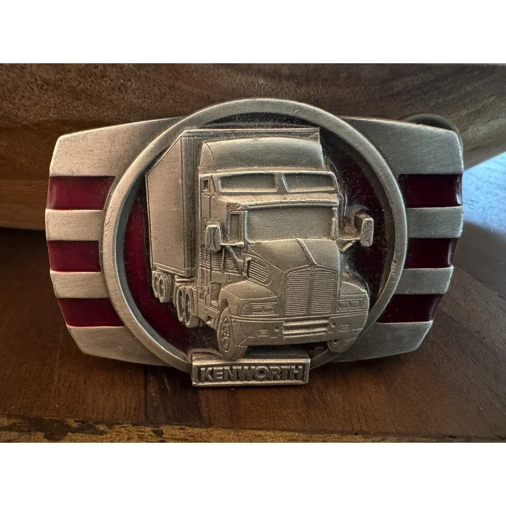 Bergamot Vintage 1989 Kenworth Semi truck Belt Buckle Red & Pewter Paccar Tonkin